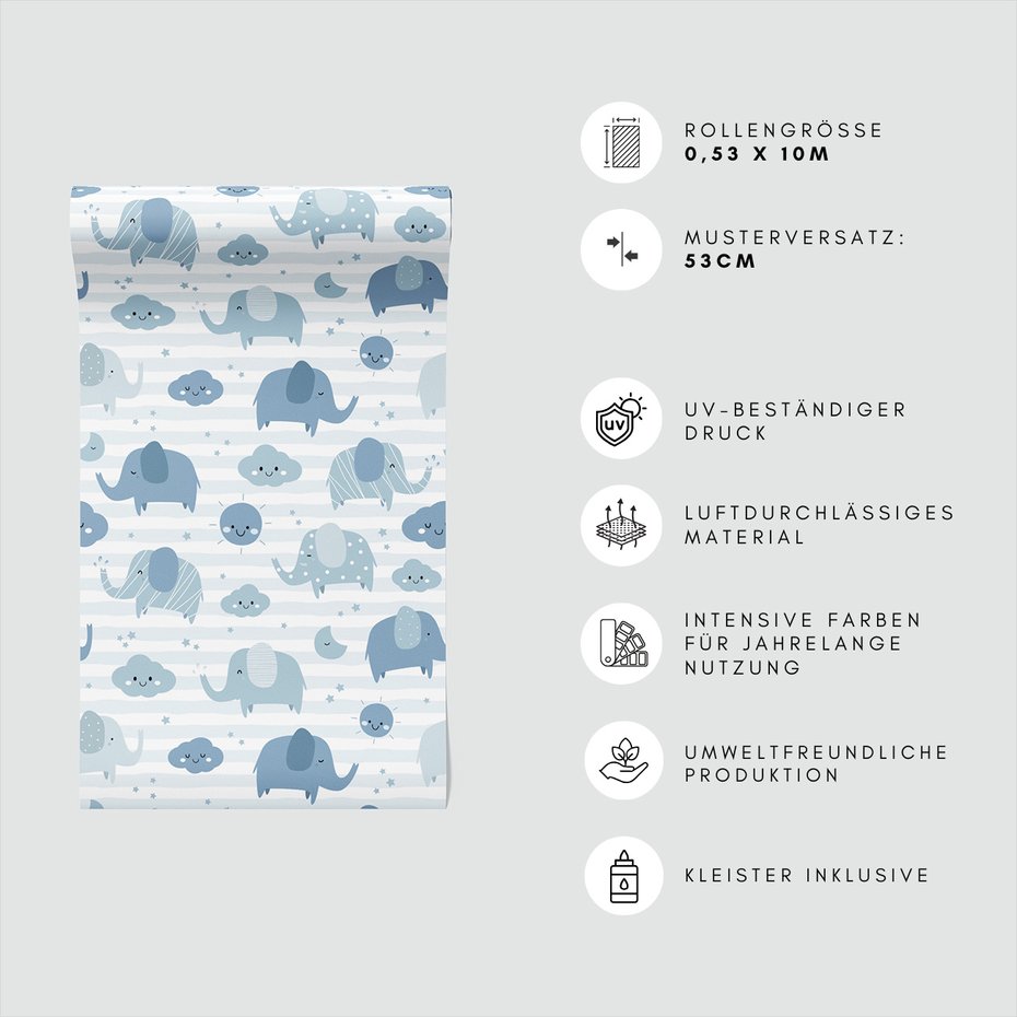 Tapeta - dziecięca, słonie, chmury, słońce