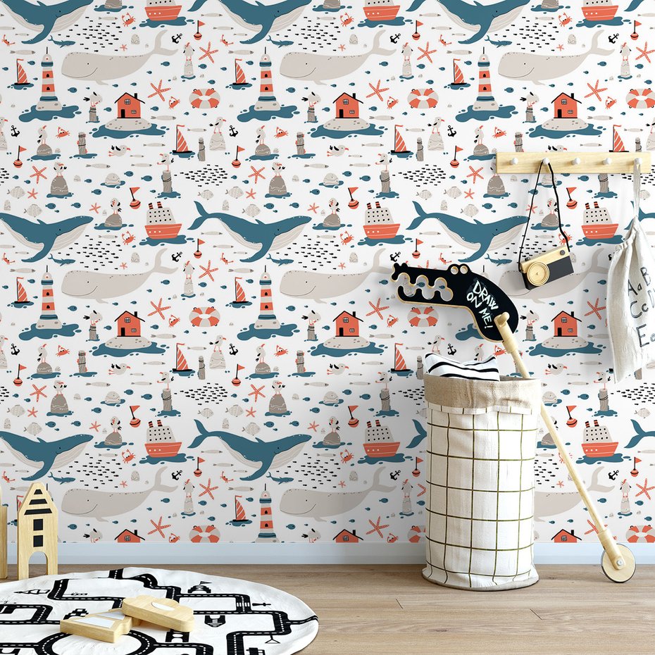 Tapeta - dziecięca, wieloryby, mewy, morze