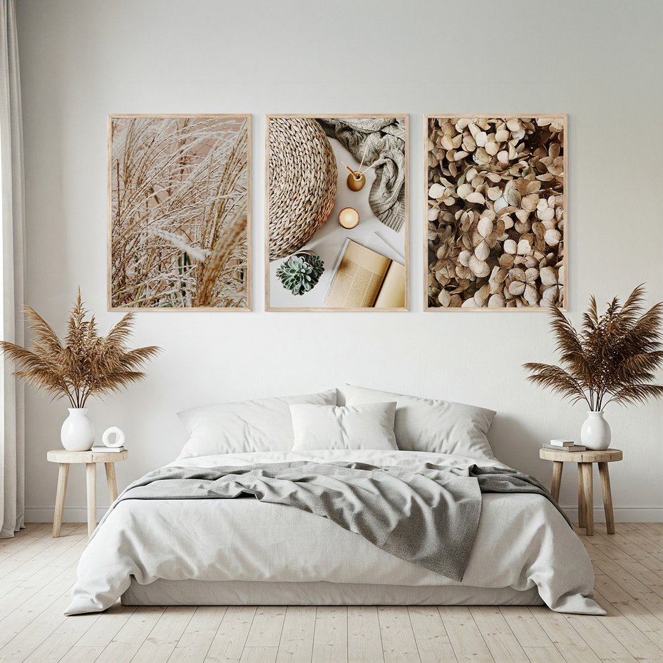 Zestaw obrazy w ramie, plakaty - roślina, beżowy, dekoracja - rama drewno