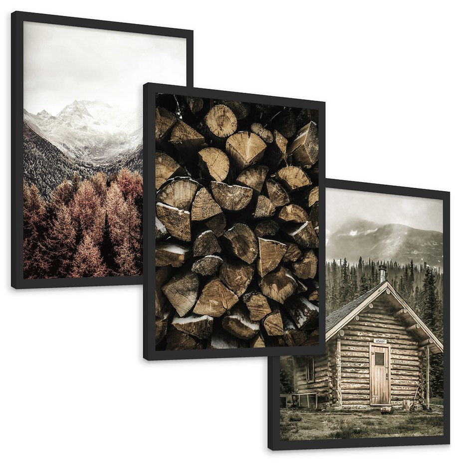 Zestaw obrazy w ramie, plakaty - góry, drewno, las - rama czarna