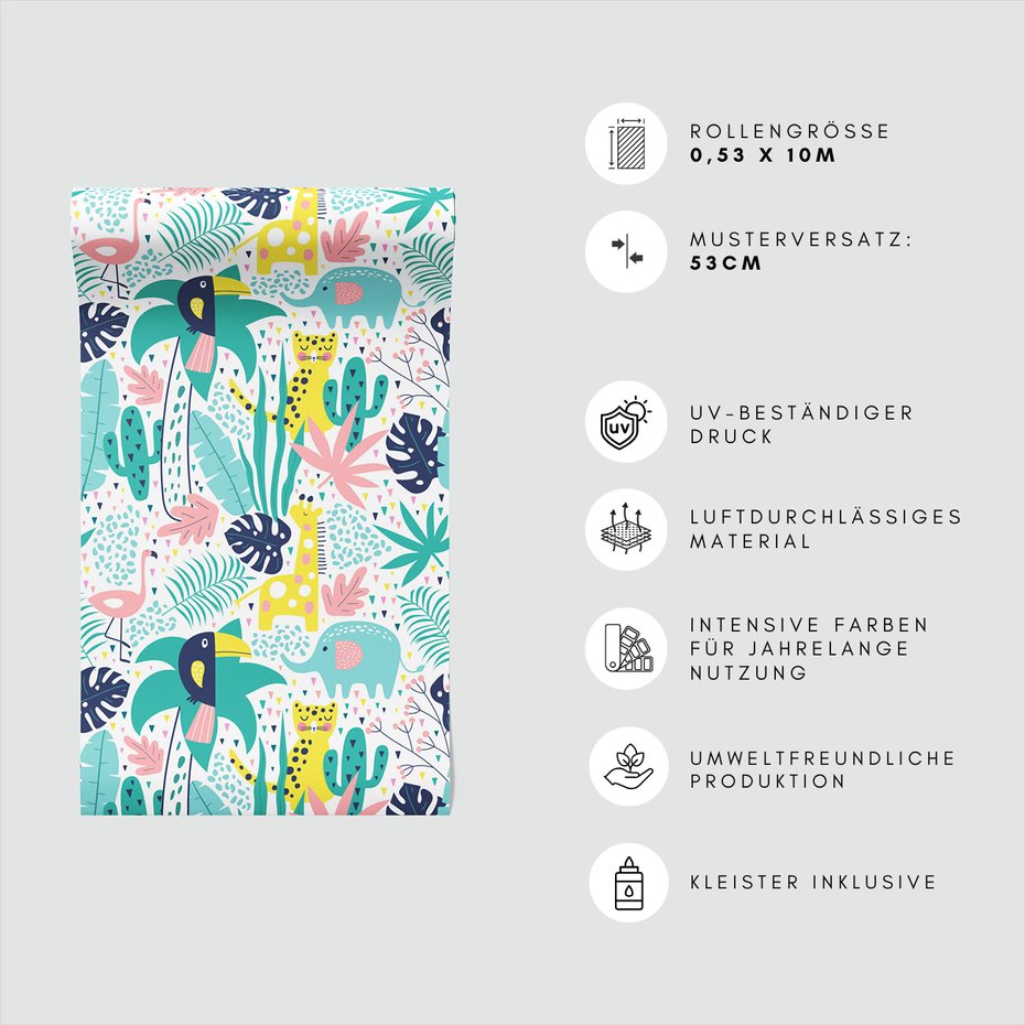 Tapeta - dziecięca, zwierzęta, liście, palma