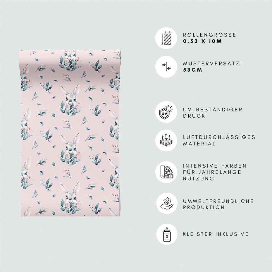 Tapeta - królik, liście, kwiaty