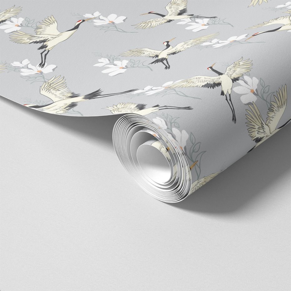 Tapeta - żurawie, kwiaty, wzór