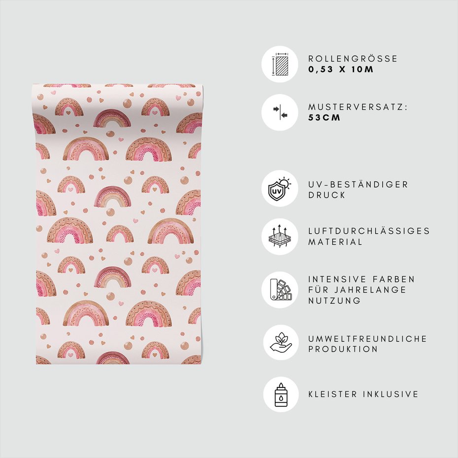Tapeta - dziecięca, tęcza, kropki, serca