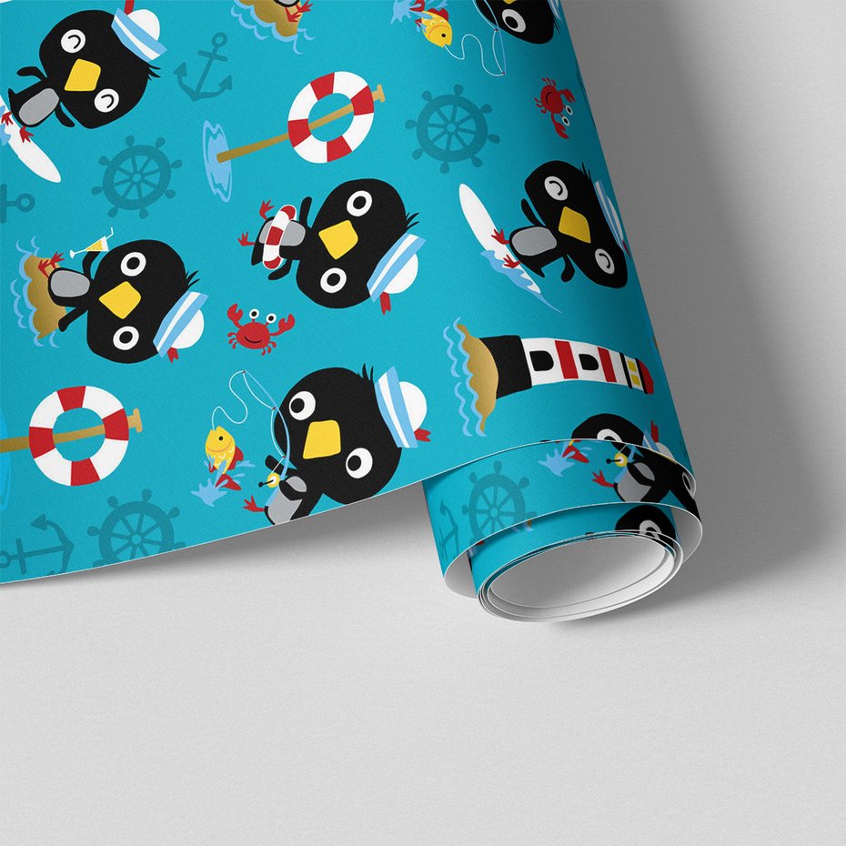 Tapeta - dziecięca, pingwin, morze, kotwica