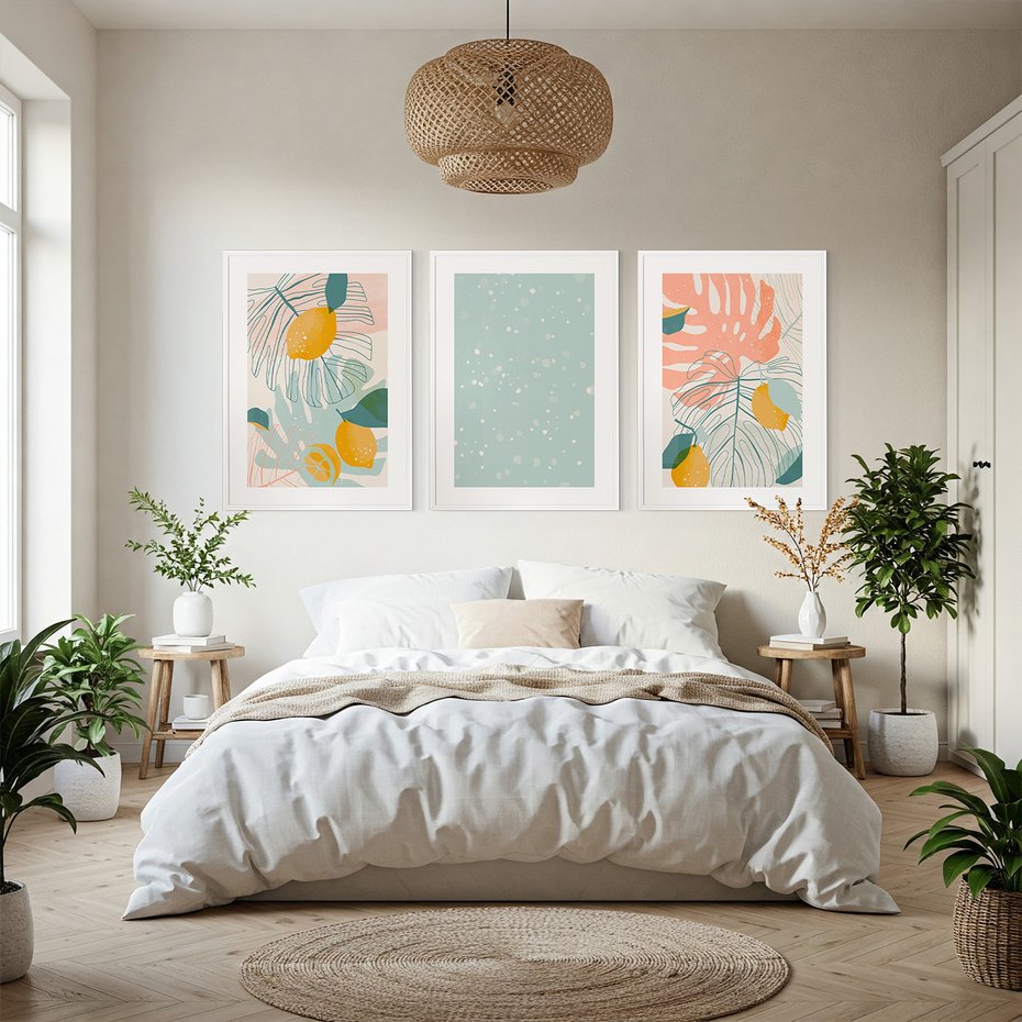 Zestaw obrazy w ramie, plakaty - liście, cytryny, abstrakcja - rama biała