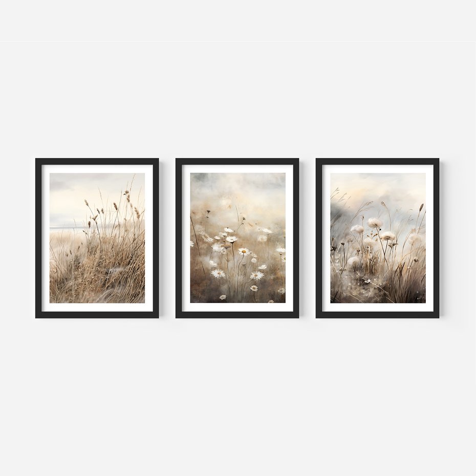 Zestaw obrazy w ramie, plakaty - kwiaty, trawa, delikatne - rama czarna