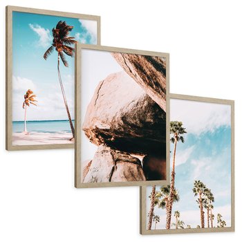 Zestaw obrazy w ramie, plakaty - palmy, skały, niebo - rama drewno