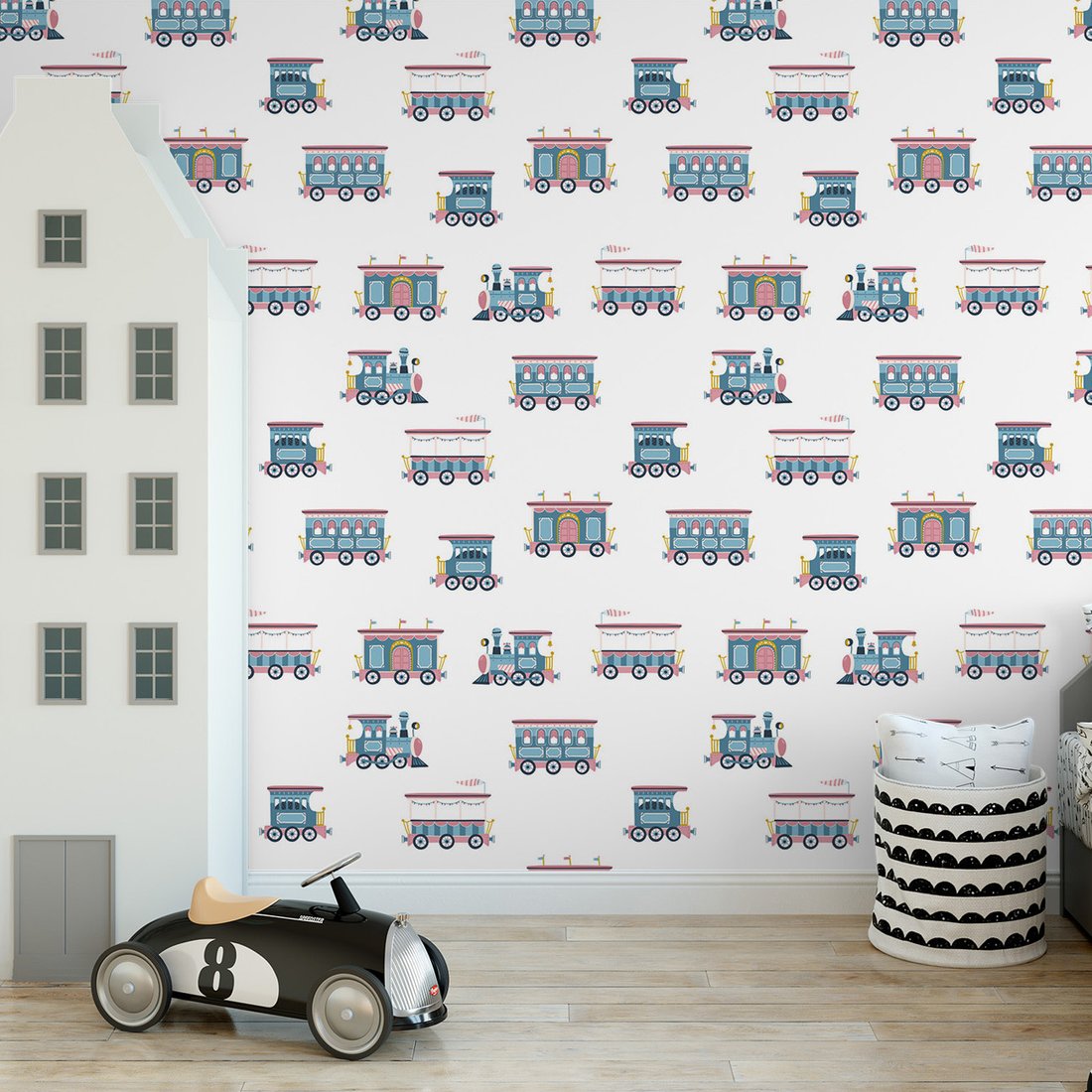 Tapeta - dziecięca, pociągi, wagony,