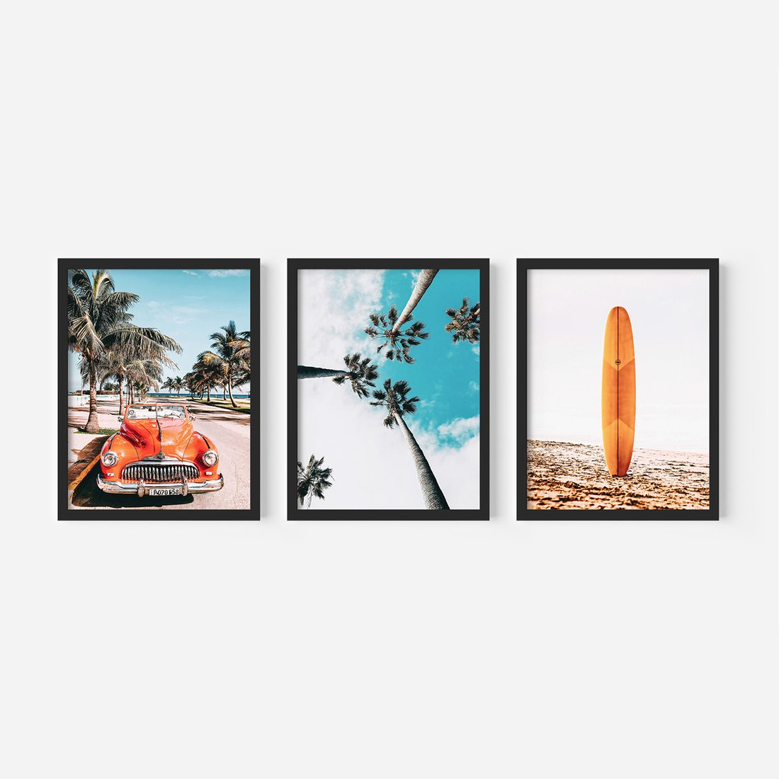 Zestaw obrazy w ramie, plakaty - palmy, plaża, wakacje - rama czarna