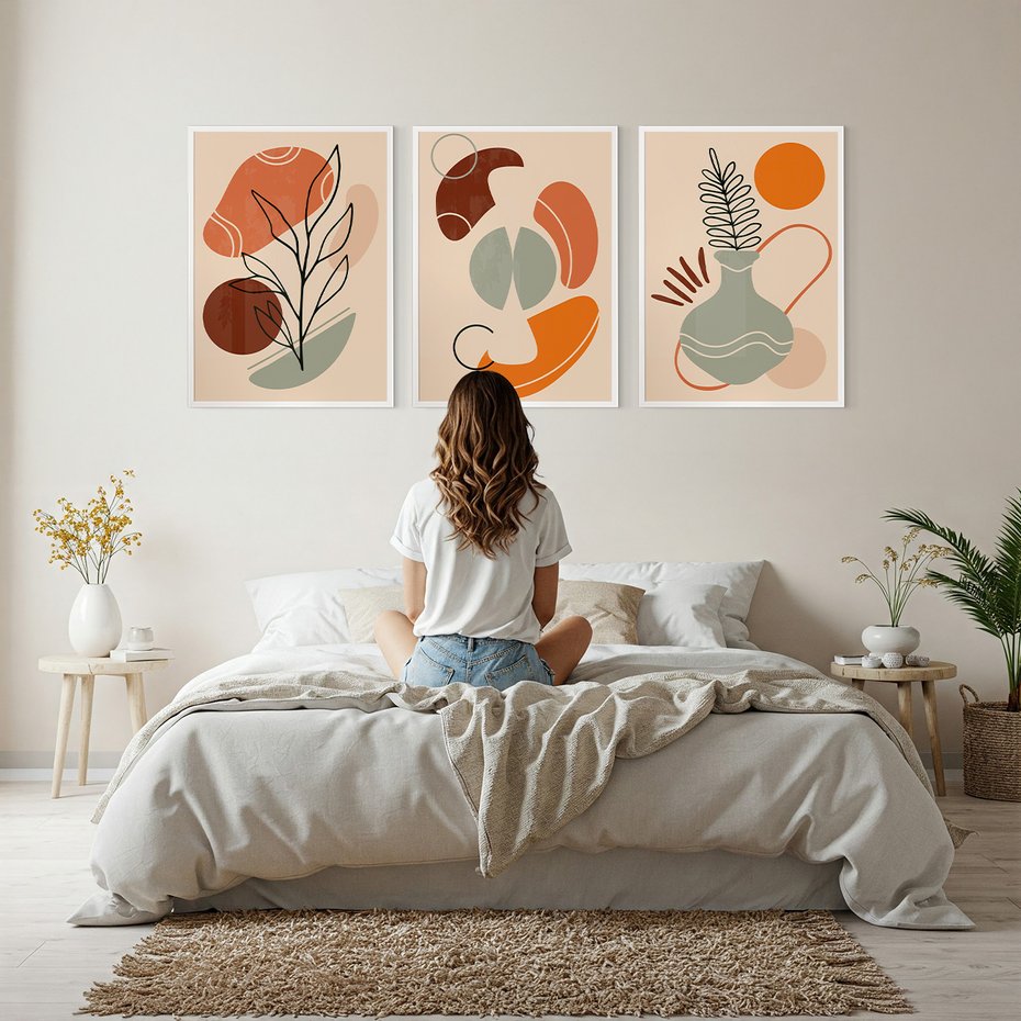 Zestaw obrazy w ramie, plakaty - abstrakcja, liście, rośliny - rama biała