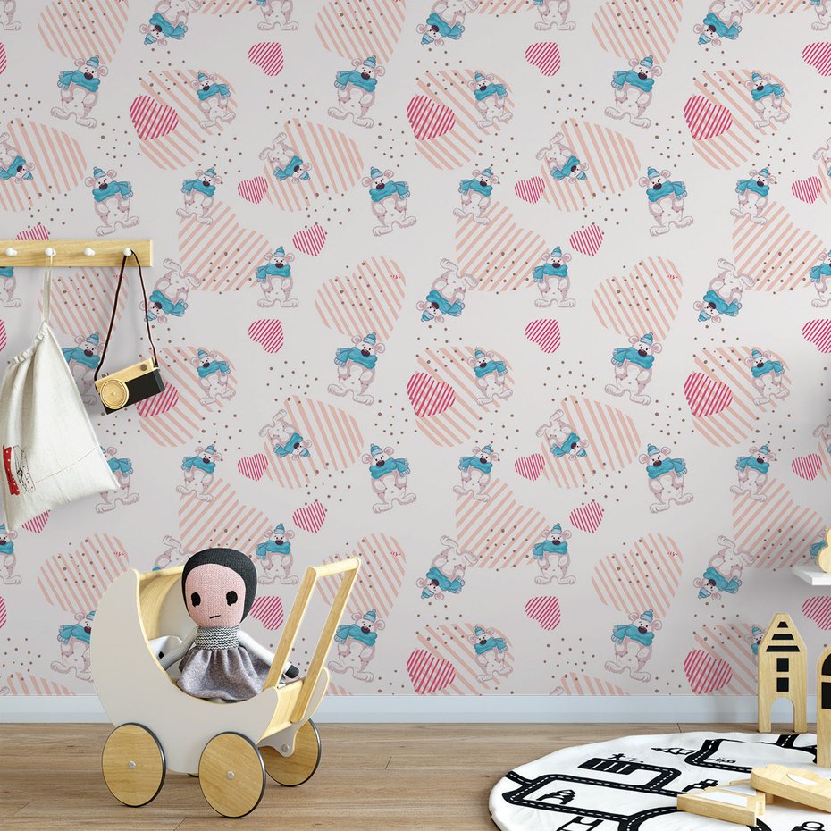 Tapeta - dziecięca, niedźwiedź, szalik, serce