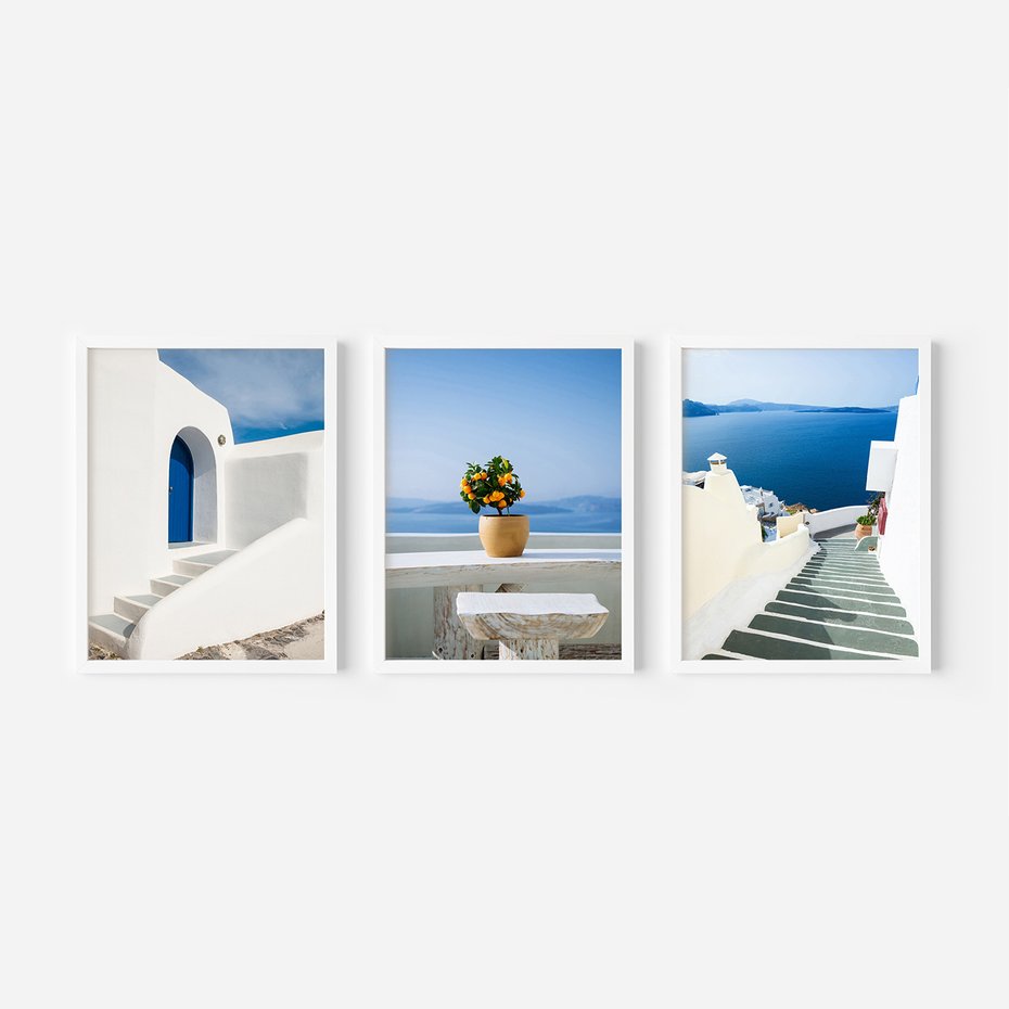 Zestaw obrazy w ramie, plakaty - Grecja, morze, Santorini - rama biała