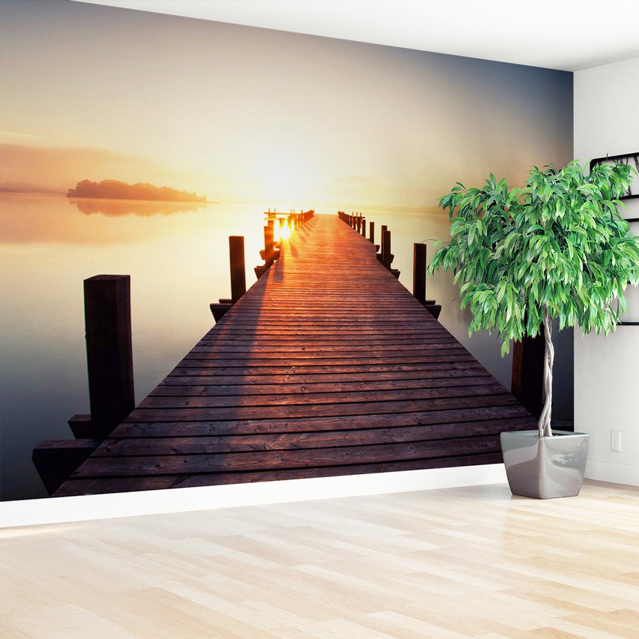 Fototapeta - jezioro, pomost, wschód słońca