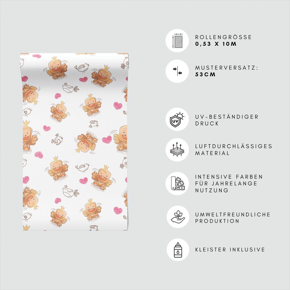 Tapeta - dziecięca, kaczka, ptaki, serca