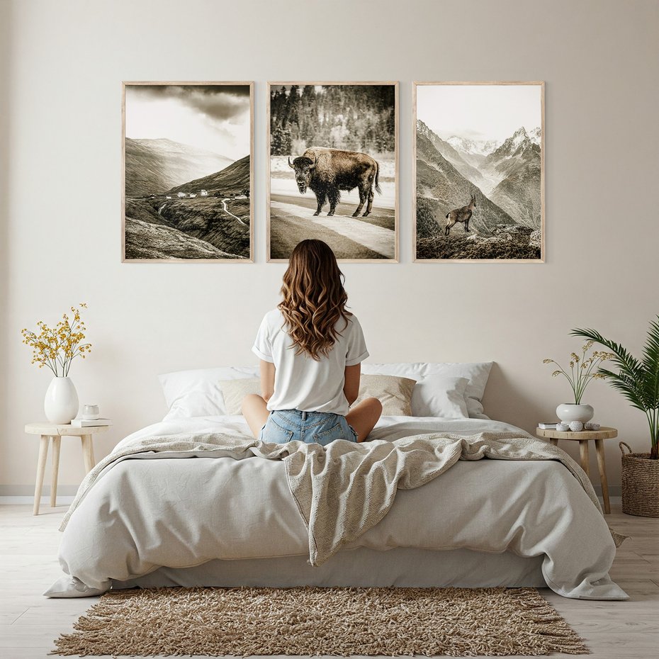 Zestaw obrazy w ramie, plakaty - krajobraz, zwierzę, góry - rama drewno