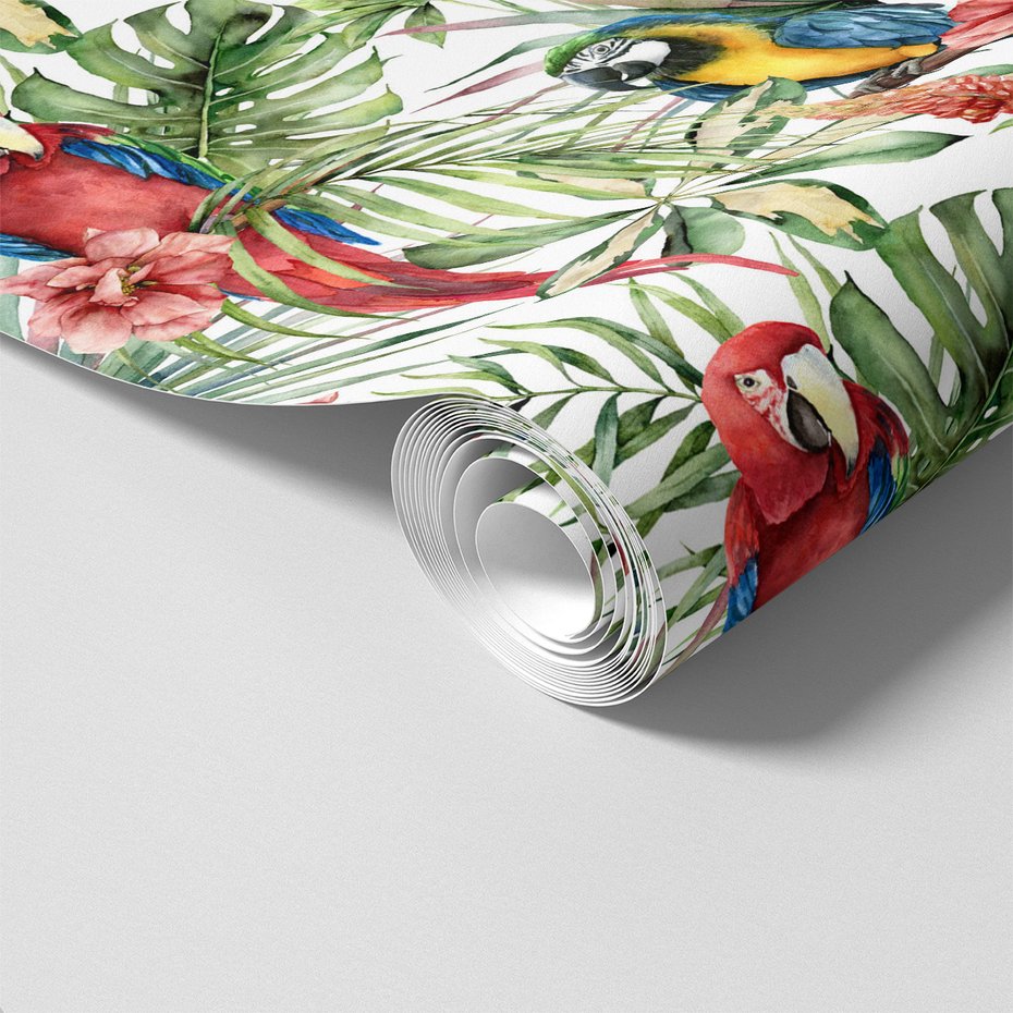 Tapeta - papugi, kwiaty, liście