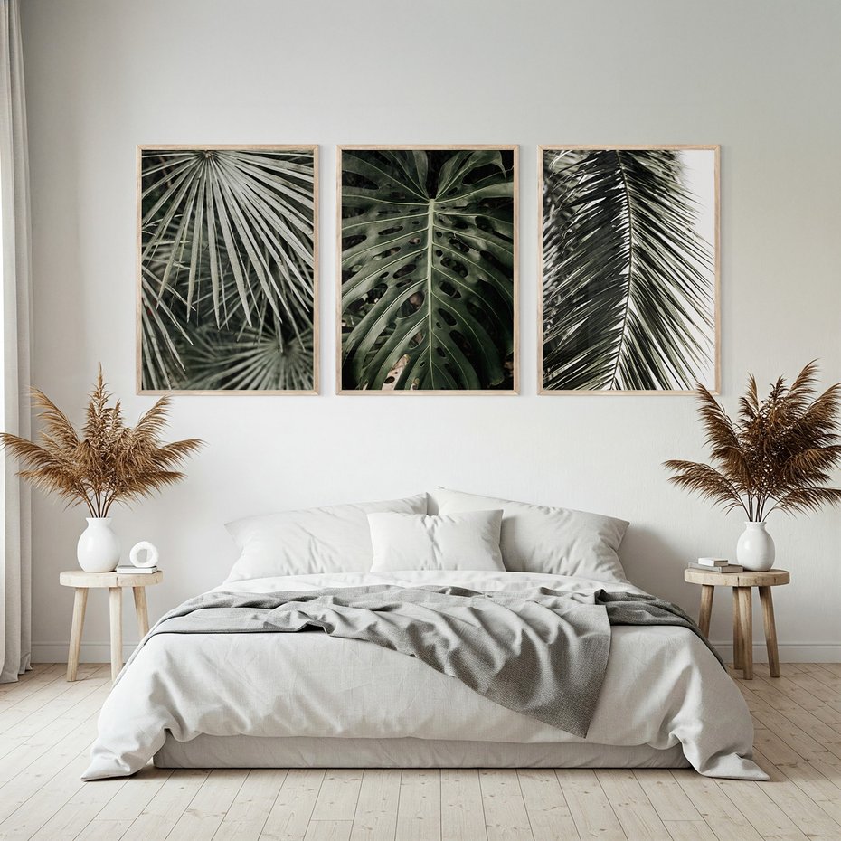 Zestaw obrazy w ramie, plakaty - liście, palmy, tropikalne - rama drewno