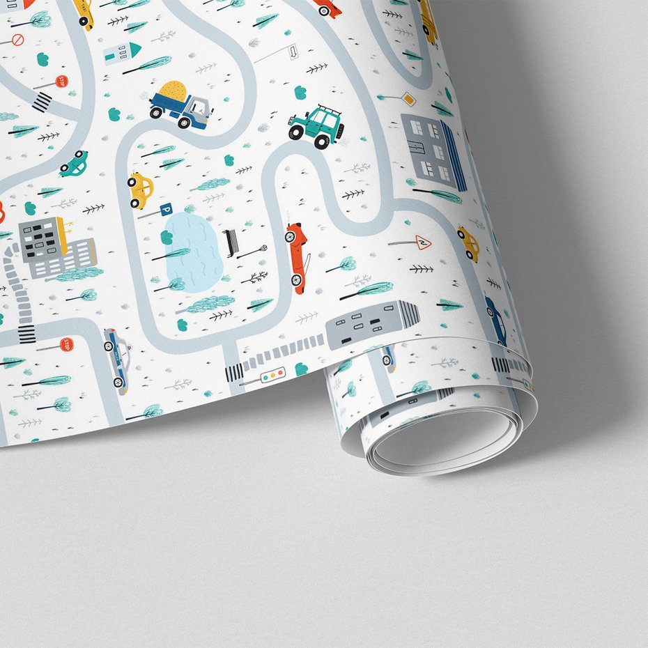 Tapeta - dziecięca, miasto, samochody, drzewa