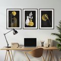 Zestaw obrazy w ramie, plakaty - liście, złoto, abstrakcja - rama czarna