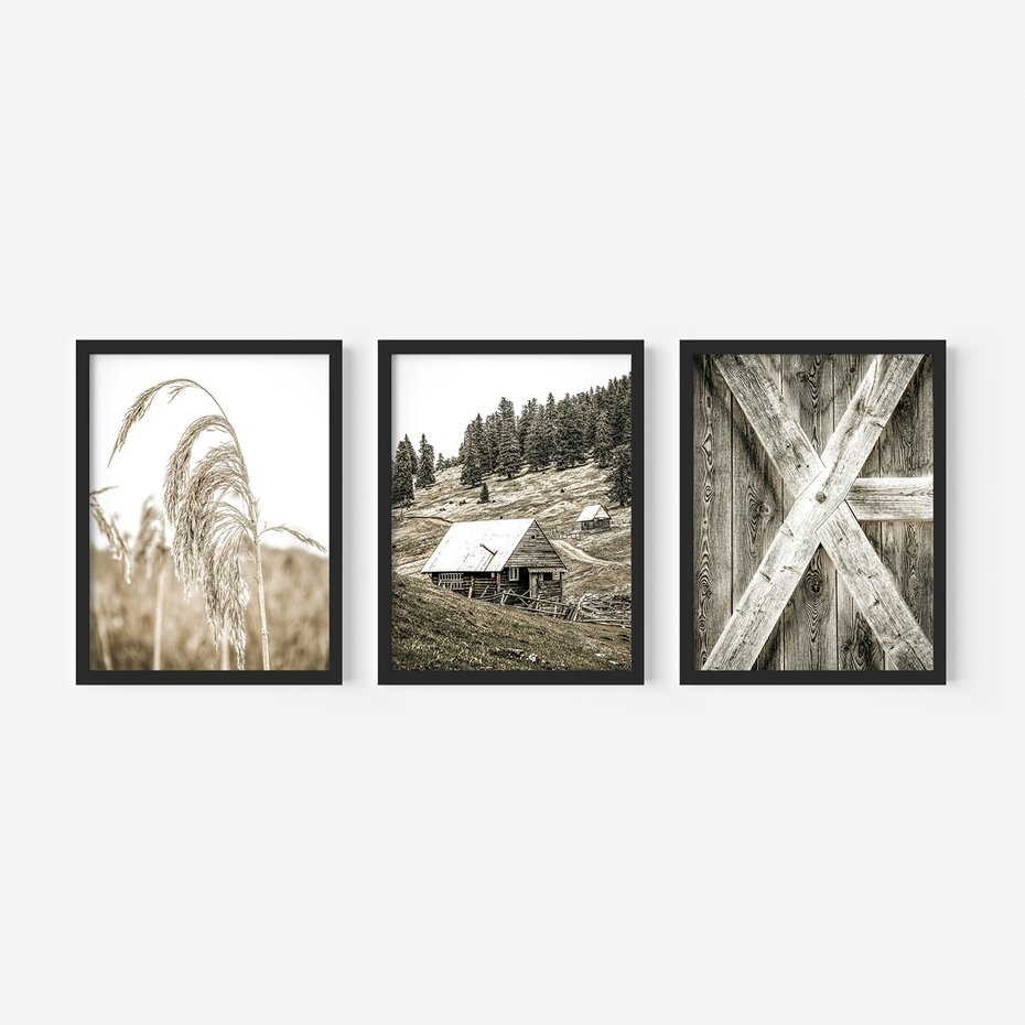 Zestaw obrazy w ramie, plakaty - natura, drewno, wieś - rama czarna