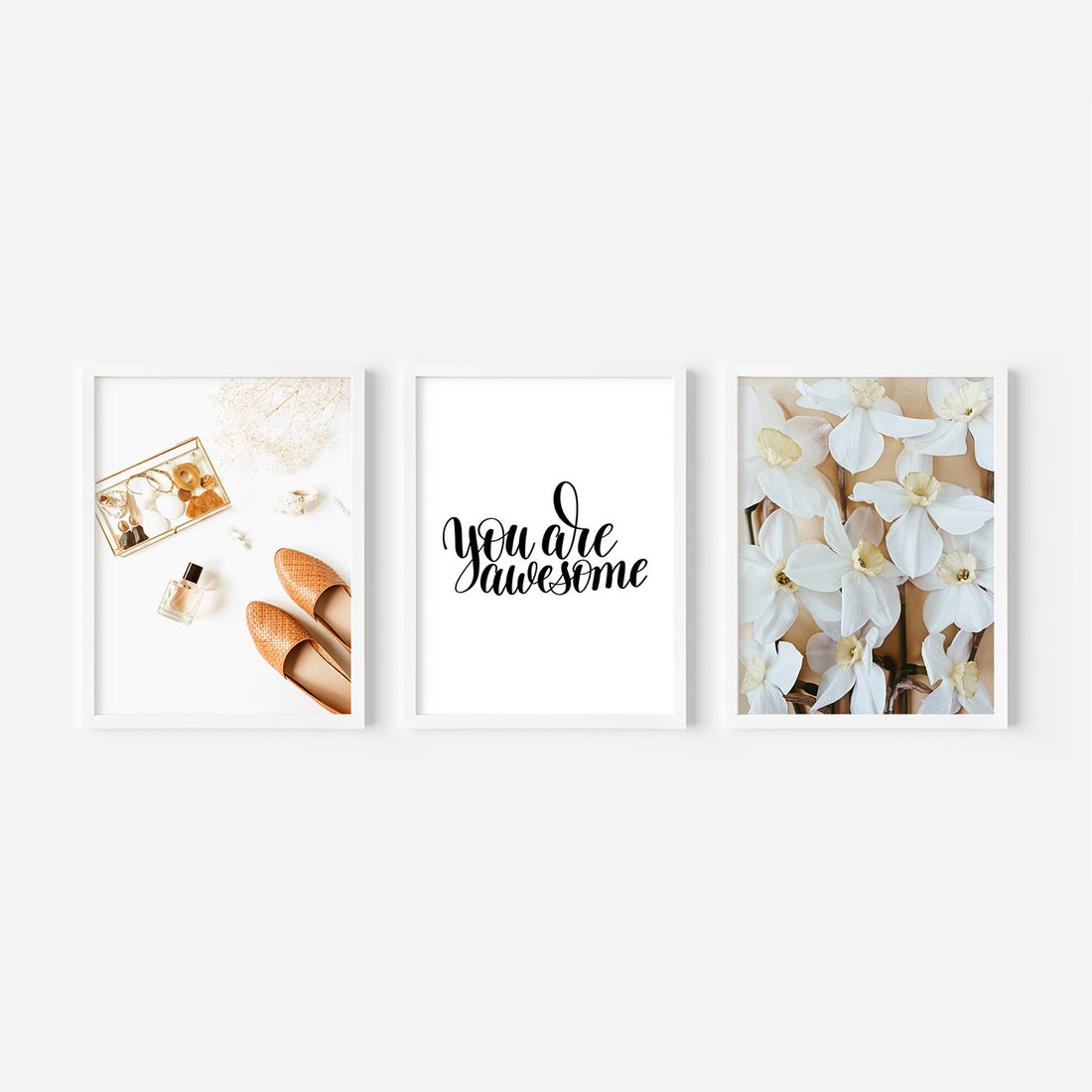 Zestaw obrazy w ramie, plakaty - kwiaty, akcesoria, buty - rama biała