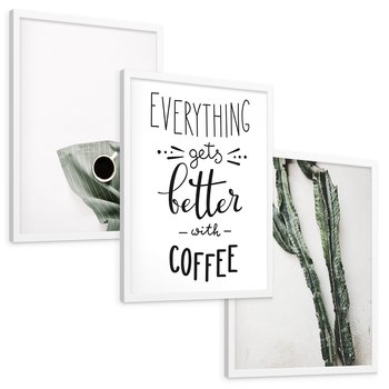 Zestaw obrazy w ramie, plakaty - kawa, kaktus, napisy - rama biała