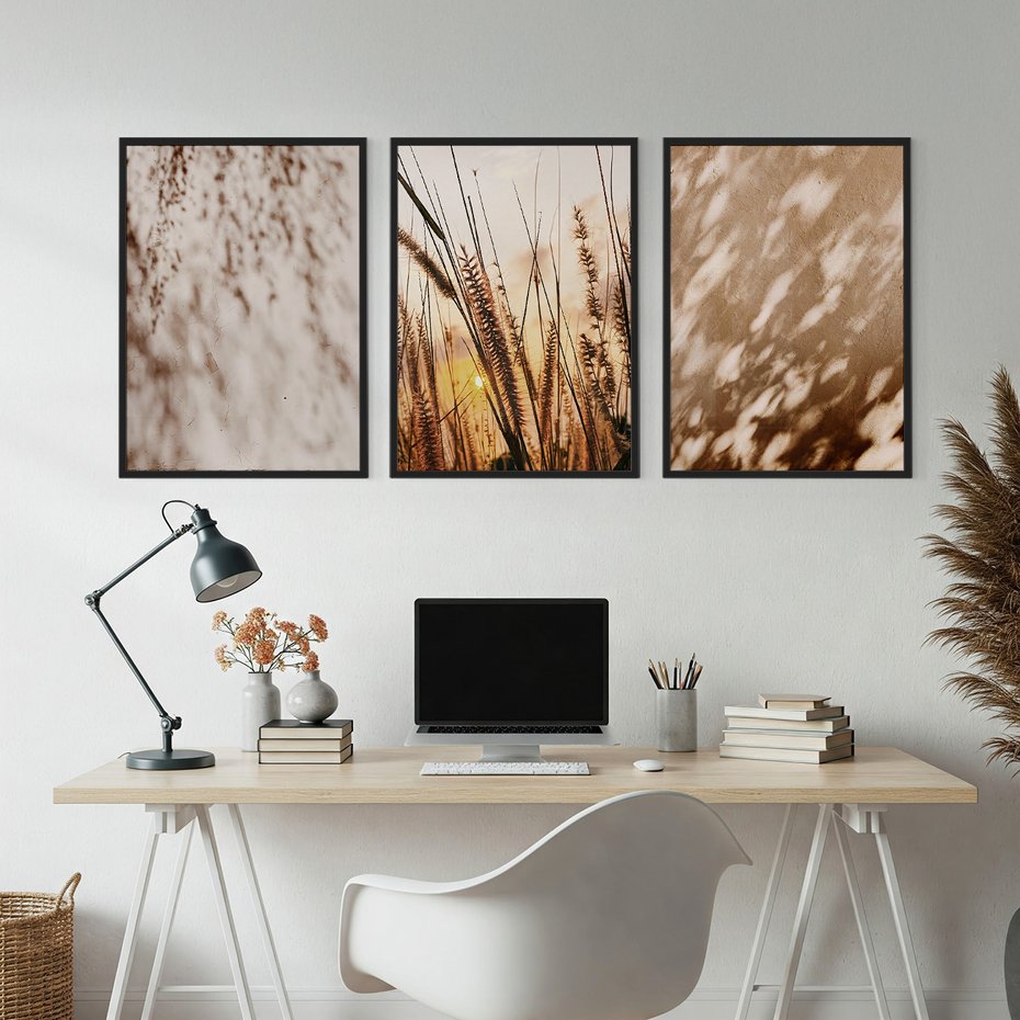 Zestaw obrazy w ramie, plakaty - cienie, trawa, abstrakcja - rama czarna