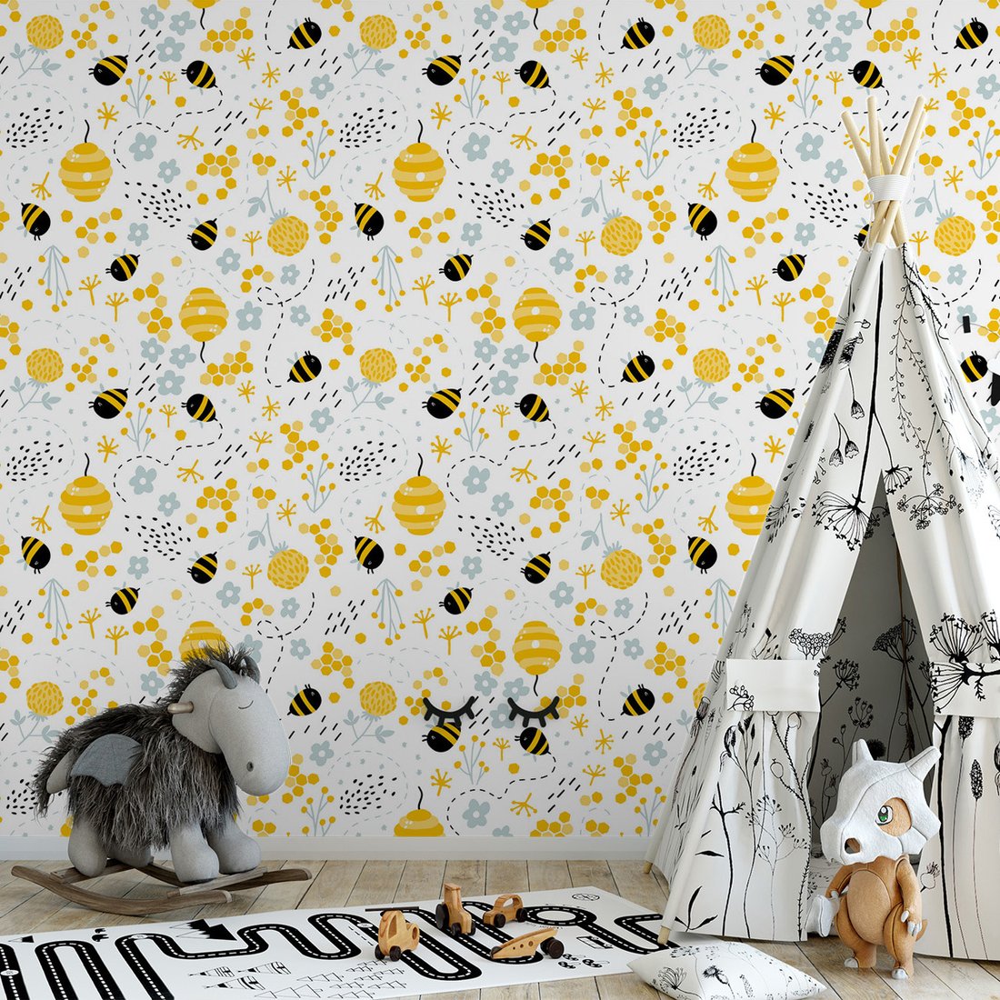 Tapeta - dziecięca, pszczoły, plaster, kwiaty