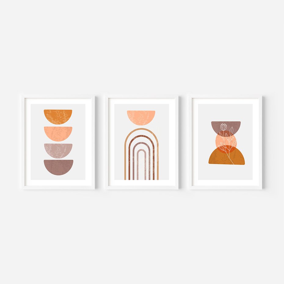 Zestaw obrazy w ramie, plakaty - abstrakcja, boho, minimalizm - rama biała
