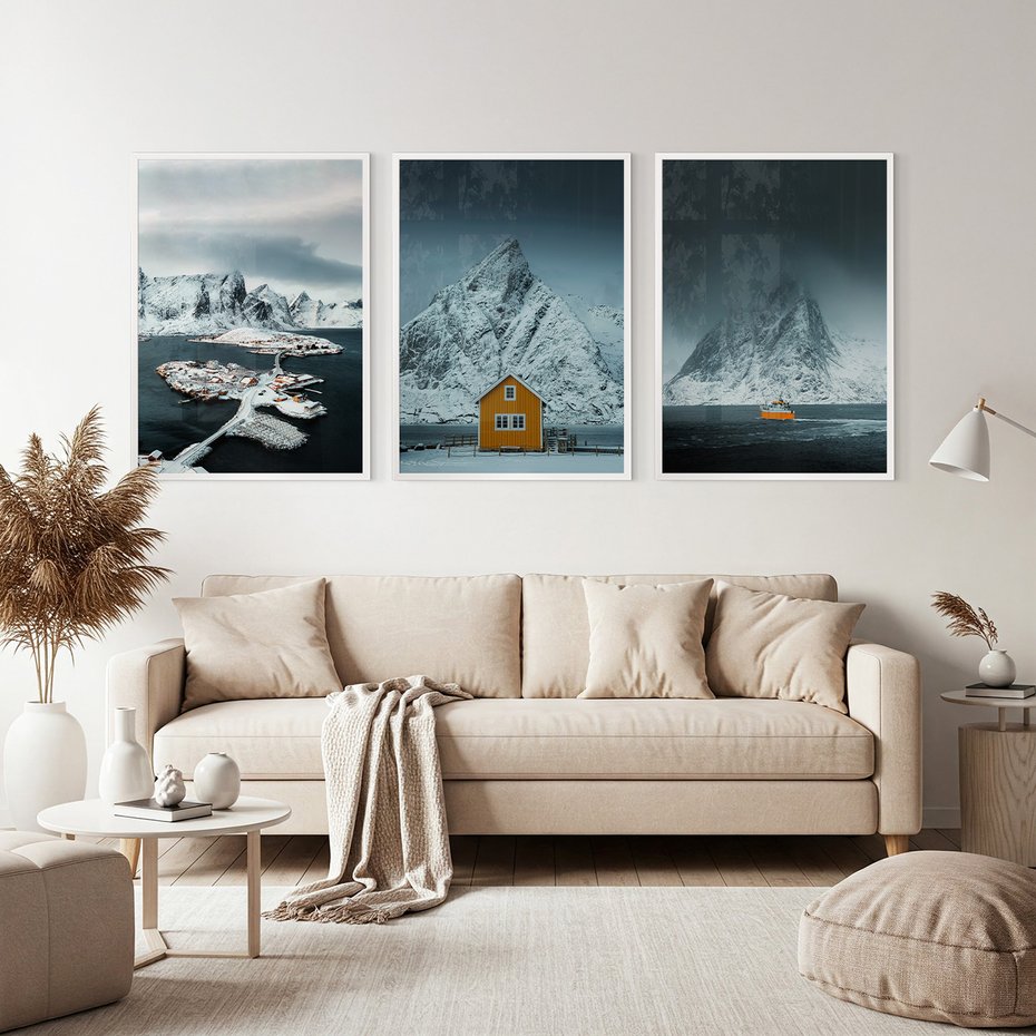 Zestaw obrazy w ramie, plakaty - góry, śnieg, woda - rama biała
