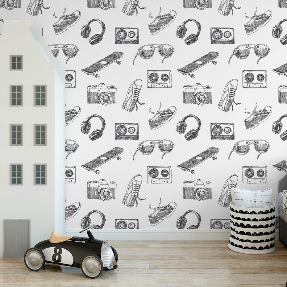 Tapeta - słuchawki, deskorolka, retro