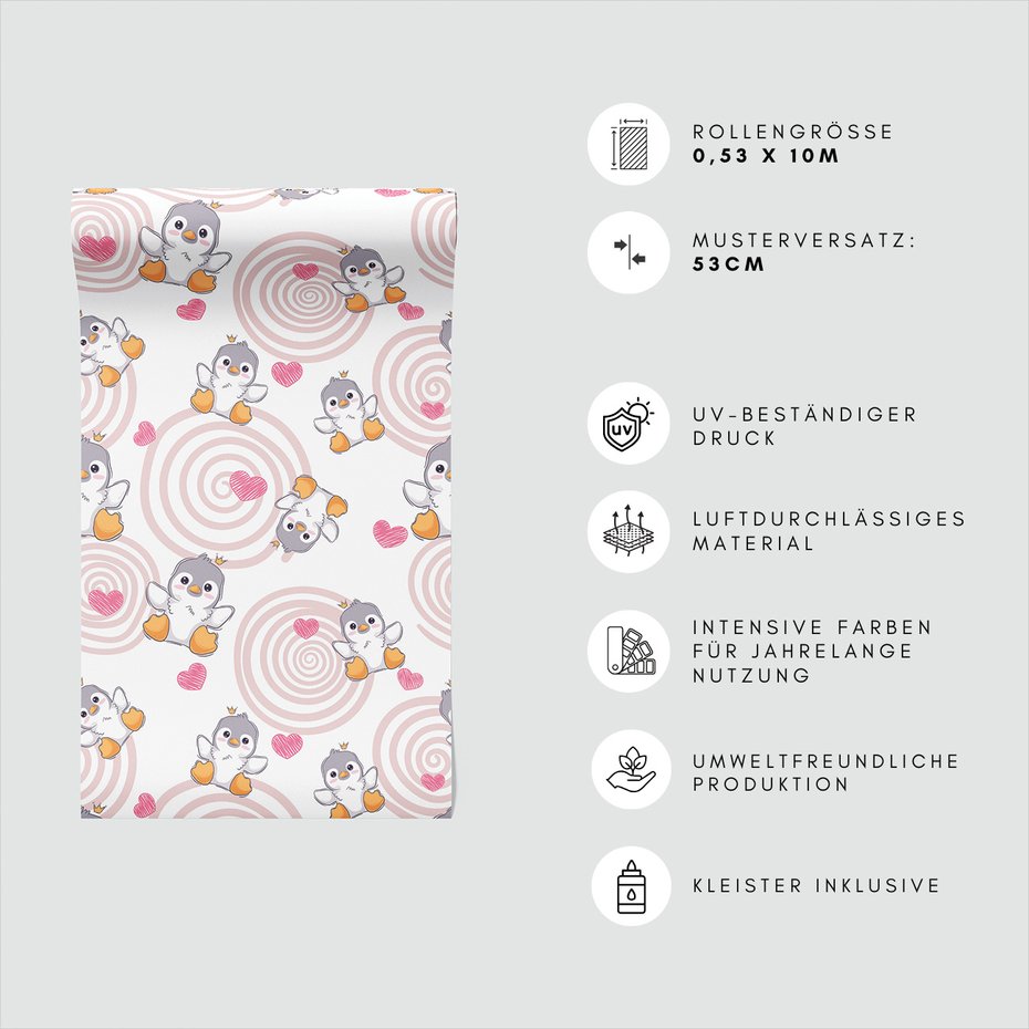 Tapeta - dziecięca, pingwiny, korona, serca