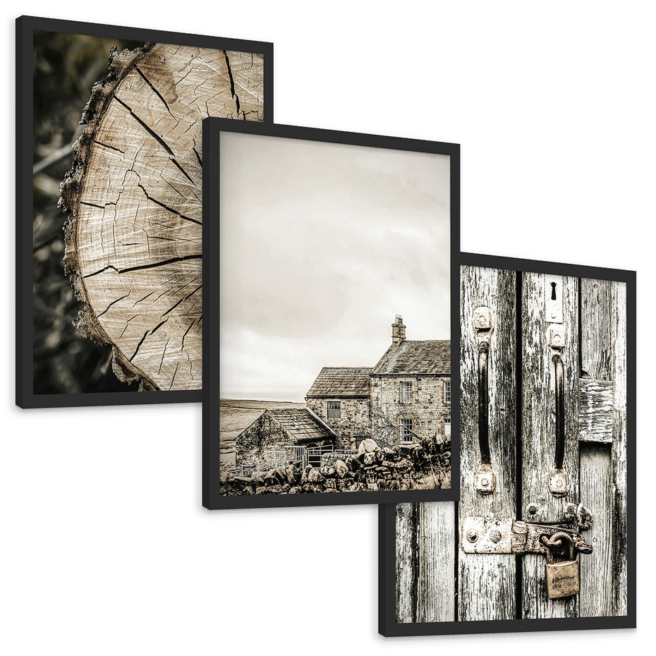 Zestaw obrazy w ramie, plakaty - drewno, tekstura, budynek - rama czarna