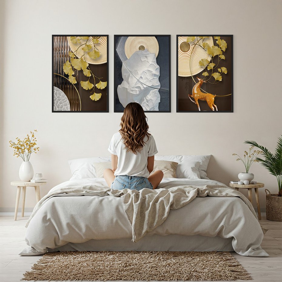 Zestaw obrazy w ramie, plakaty - złoty, liście, abstrakcja - rama czarna