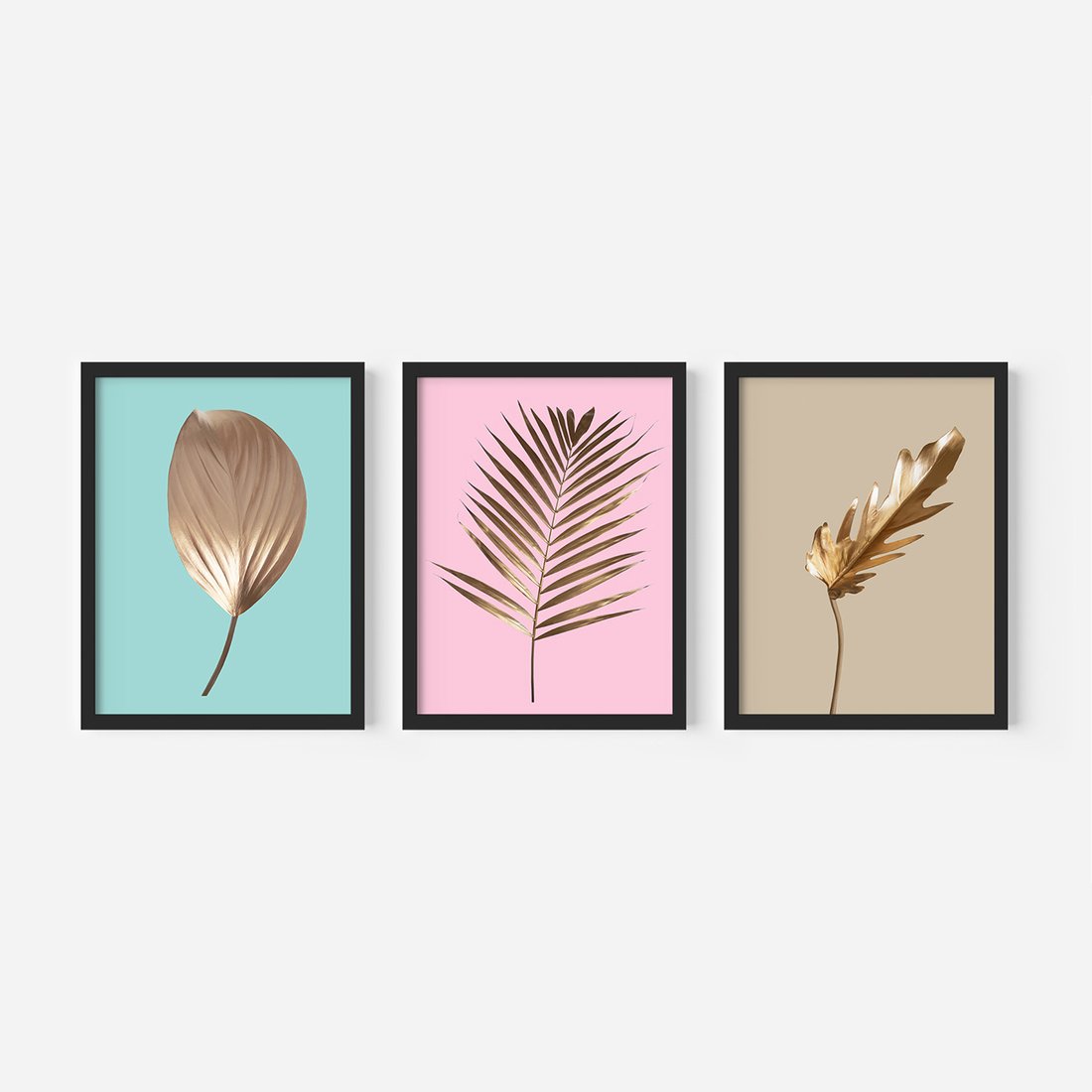 Zestaw obrazy w ramie, plakaty - liście, złoto, roślina - rama czarna