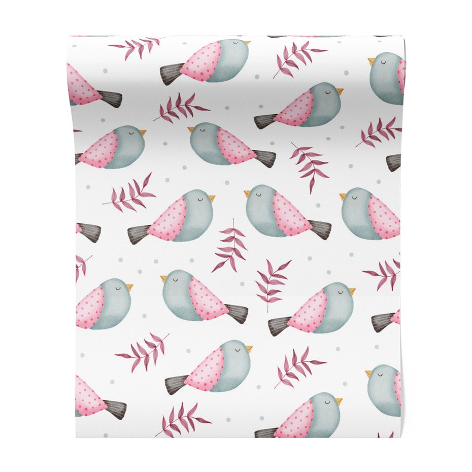 Tapeta - dziecięca, ptaki, liście, kropki