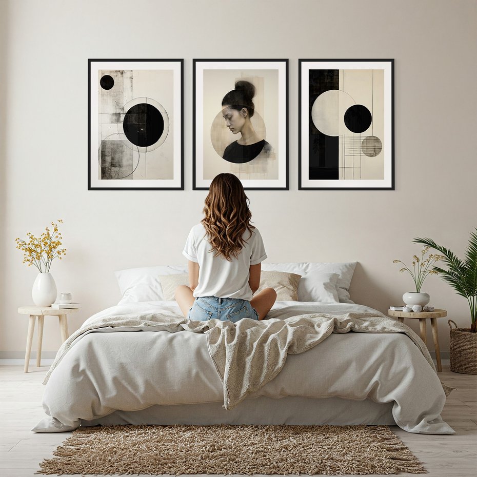 Zestaw obrazy w ramie, plakaty - abstrakcja,portret,geometria - rama czarna