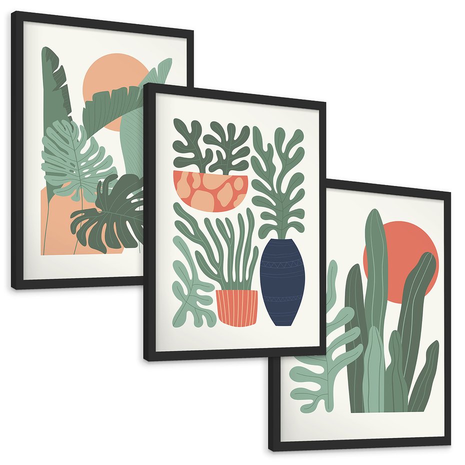 Zestaw obrazy w ramie, plakaty - liście, rośliny, abstrakcja - rama czarna
