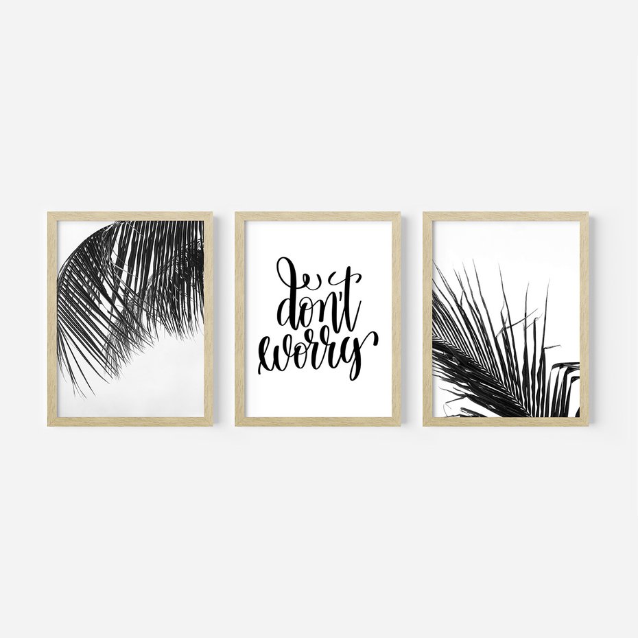 Zestaw obrazy w ramie, plakaty - liście,roślina,czarny - rama drewno