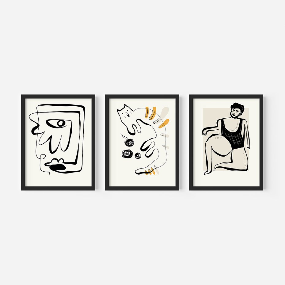 Zestaw obrazy w ramie, plakaty - abstrakcja, rysunek, minimalizm - rama czarna