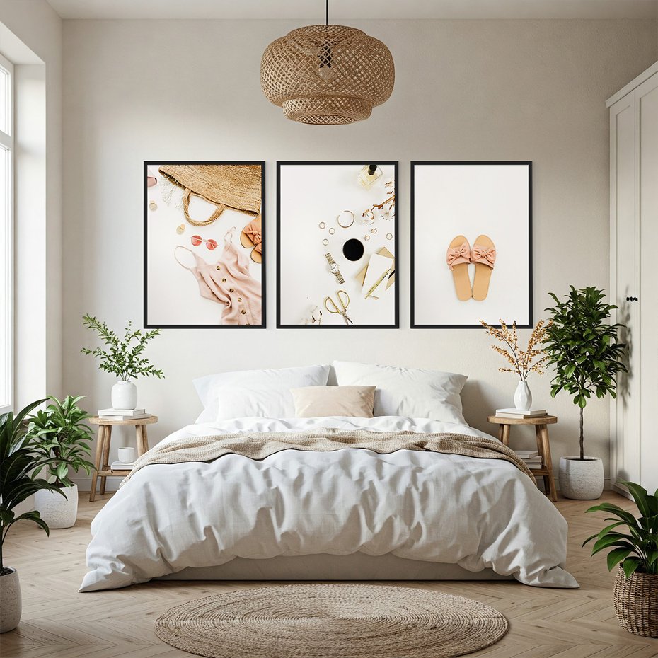Zestaw obrazy w ramie, plakaty - akcesoria, różowy, złoty - rama czarna