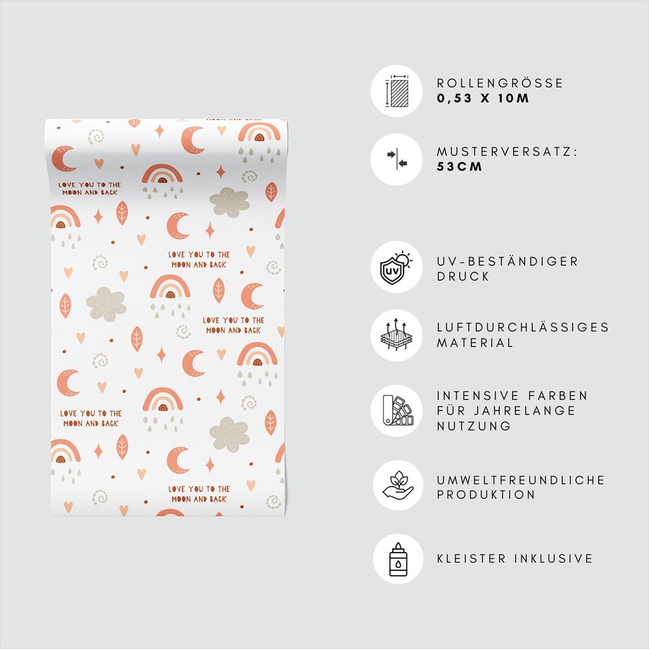 Tapeta - dziecięca, księżyc, tęcza