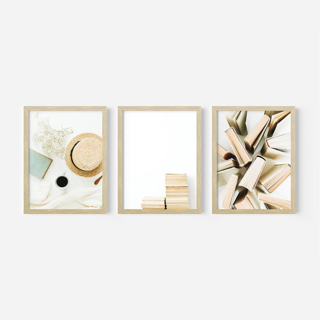 Zestaw obrazy w ramie, plakaty - książki, kapelusz, kwiaty - rama drewno