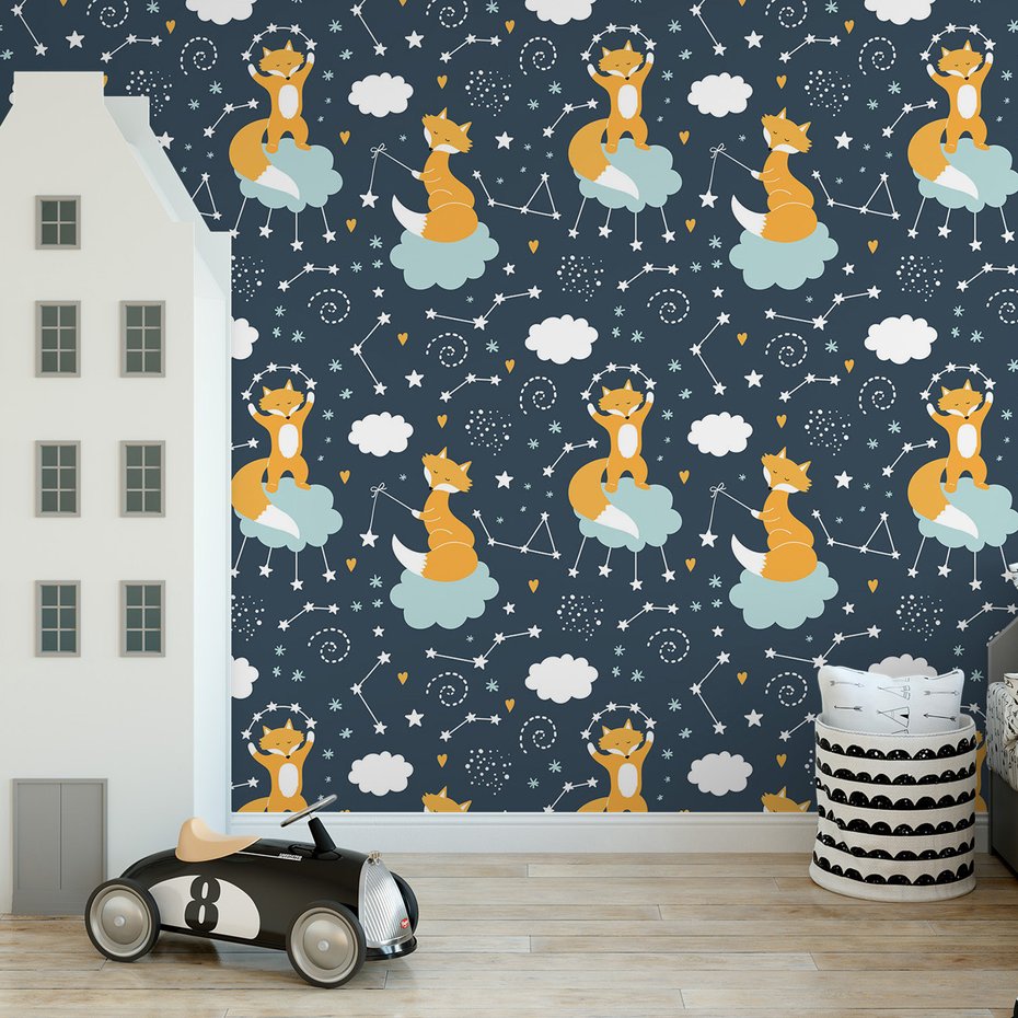 Tapeta - dziecięca, lisy, chmury, gwiazdy