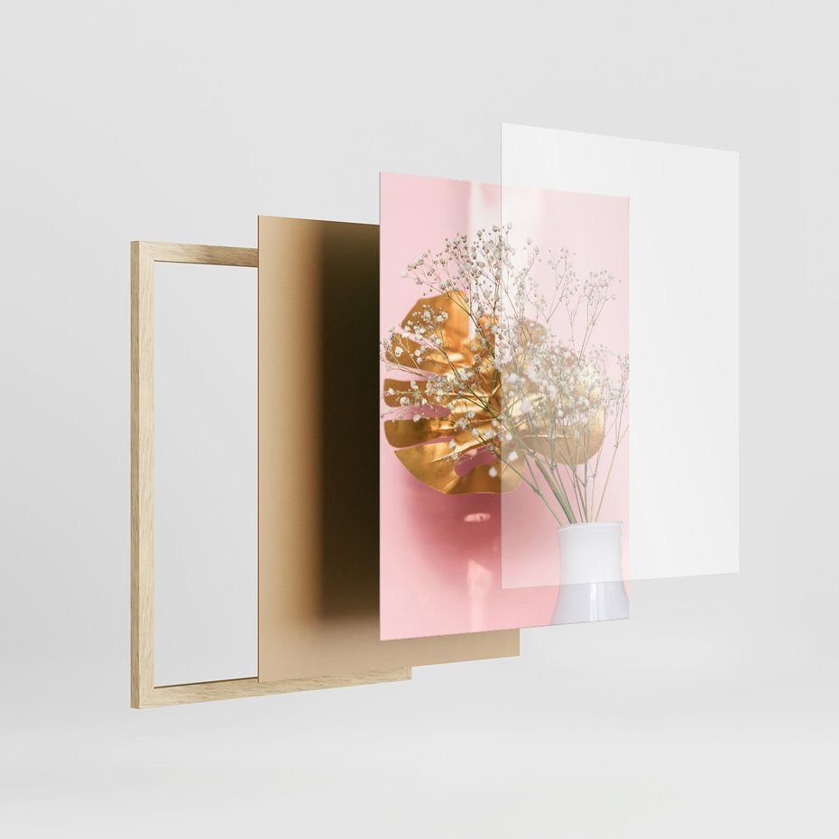 Zestaw obrazy w ramie, plakaty - kwiaty, liście, złoty - rama drewno