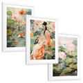 Zestaw obrazy w ramie, plakaty - kwiaty lotosu, ryby koi, azjatycka kobieta - rama biała