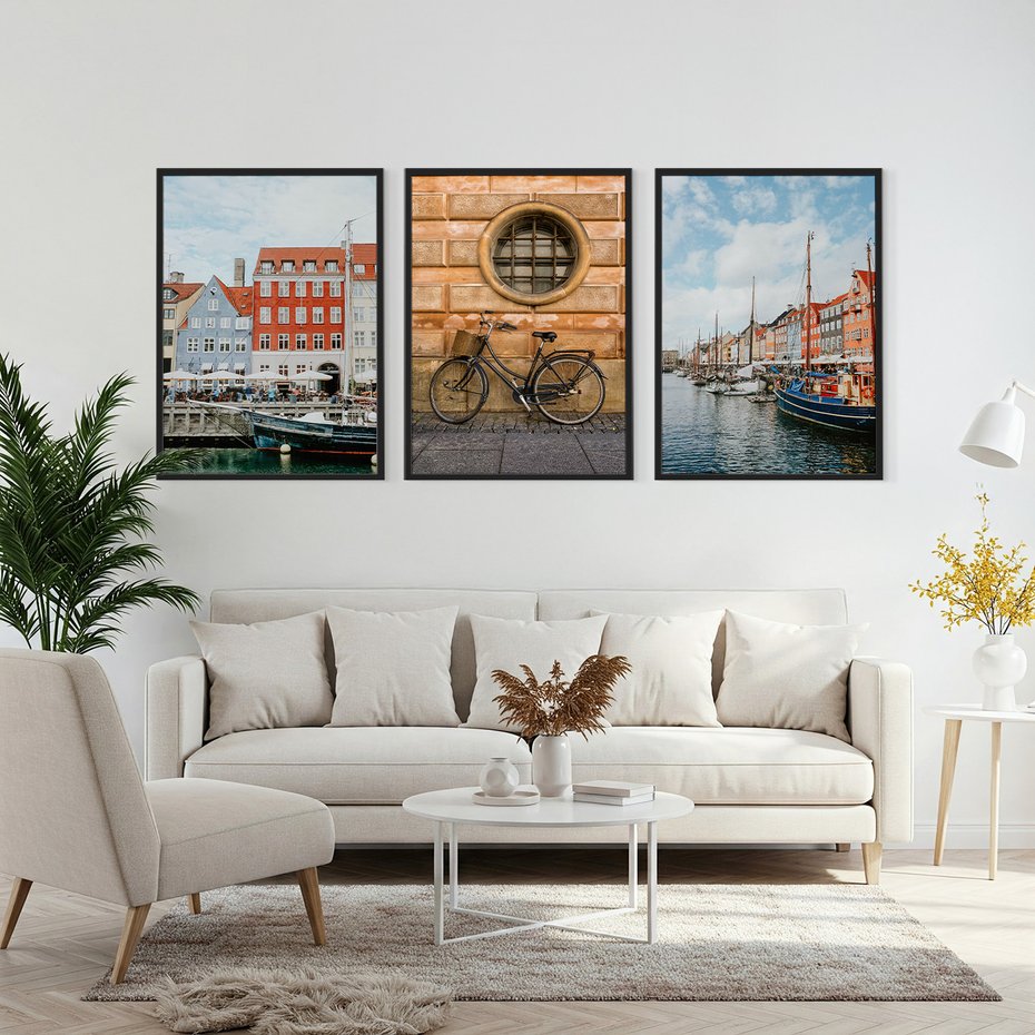 Zestaw obrazy w ramie, plakaty - miasto, budynki, kanał - rama czarna