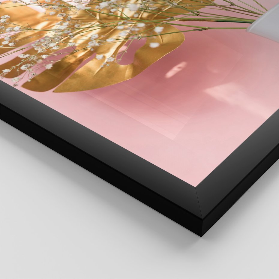 Zestaw obrazy w ramie, plakaty - kwiaty, liście, złoty - rama czarna