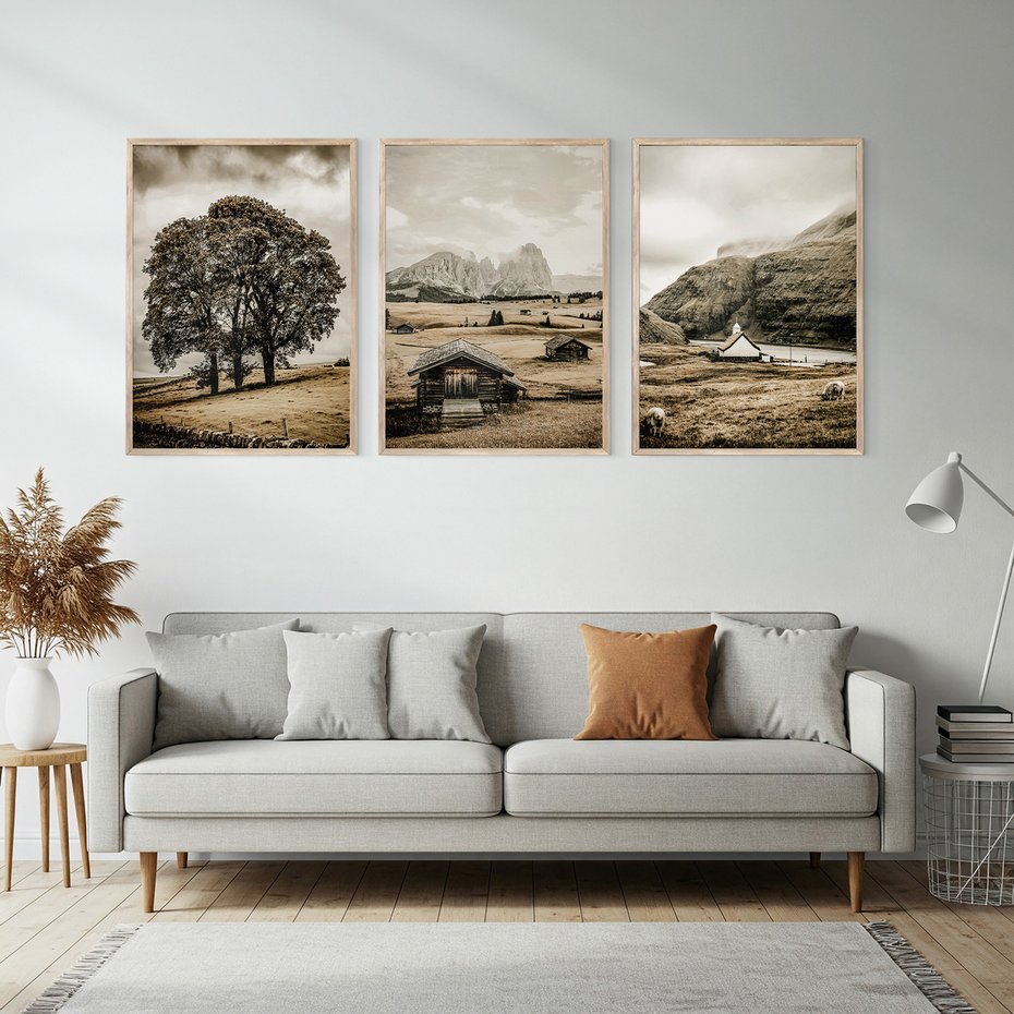 Zestaw obrazy w ramie, plakaty - krajobraz, góry, drzewa - rama drewno